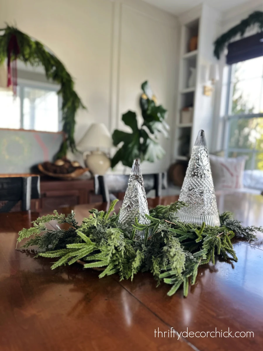 glass trees with greenery centerpiece